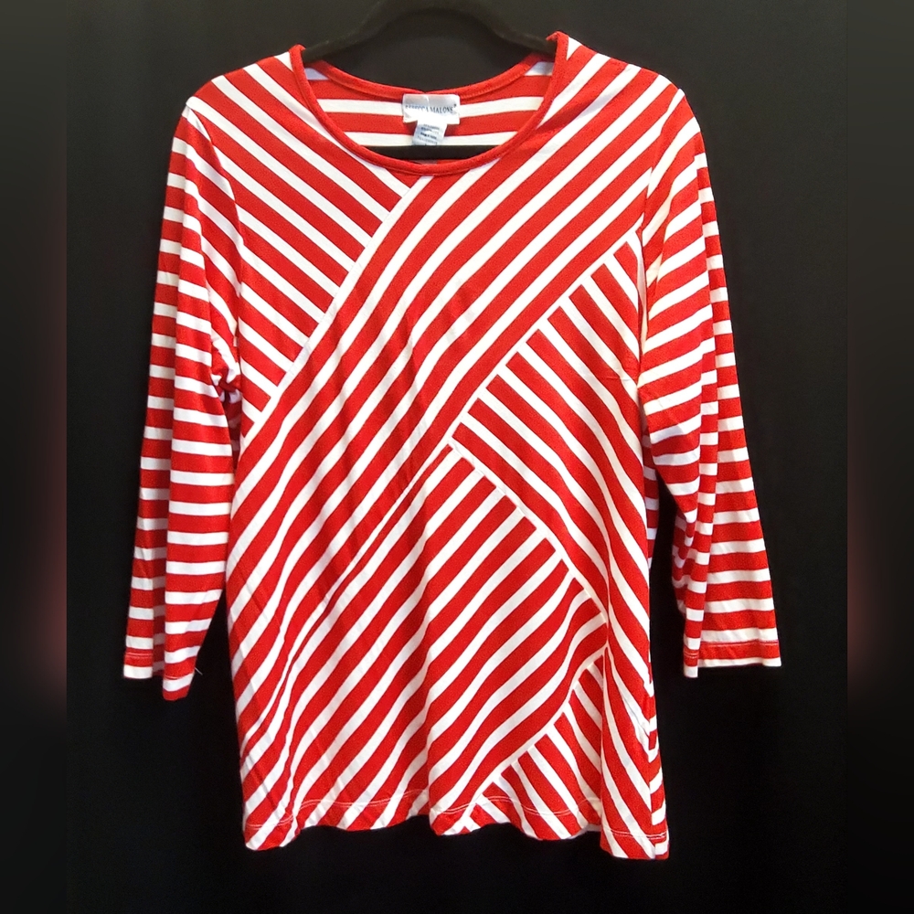 Rebecca Malone - Red/Wht  geo stripped l/s blouse